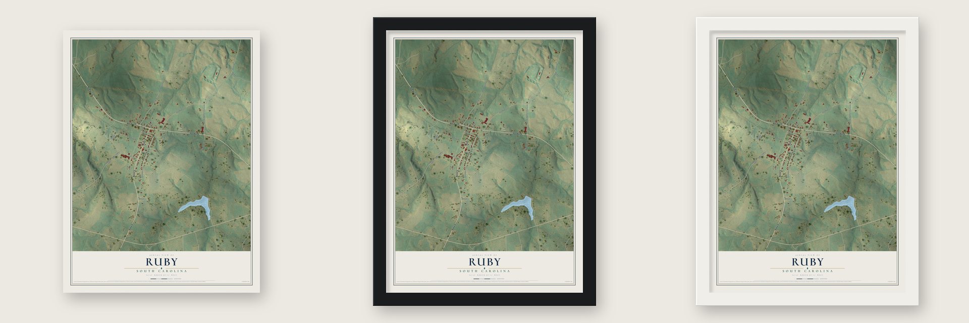 Ruby, South Carolina map unframed, in a black wood frame and in a white wood frame