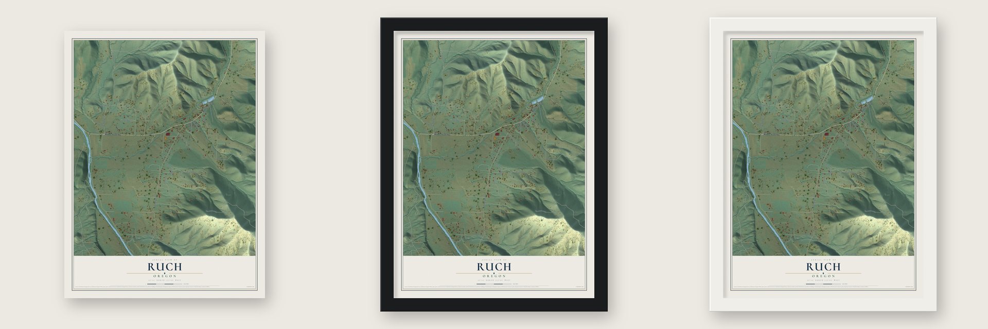 Ruch, Oregon map unframed, in a black wood frame and in a white wood frame