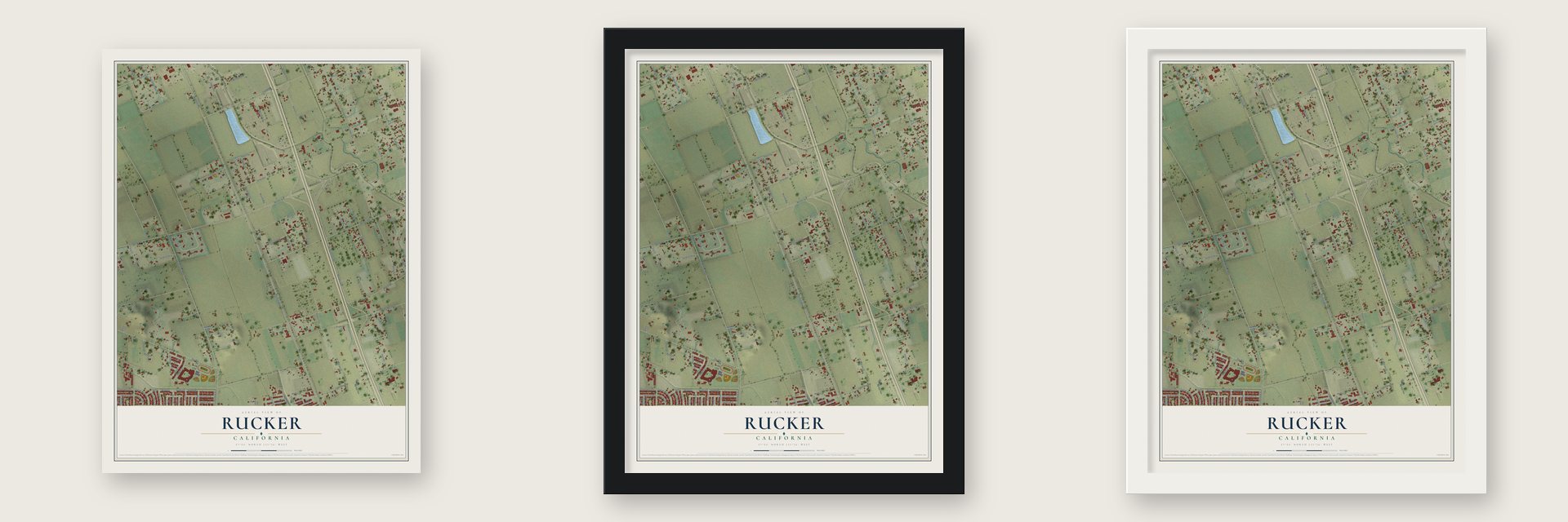 Rucker, California map unframed, in a black wood frame and in a white wood frame