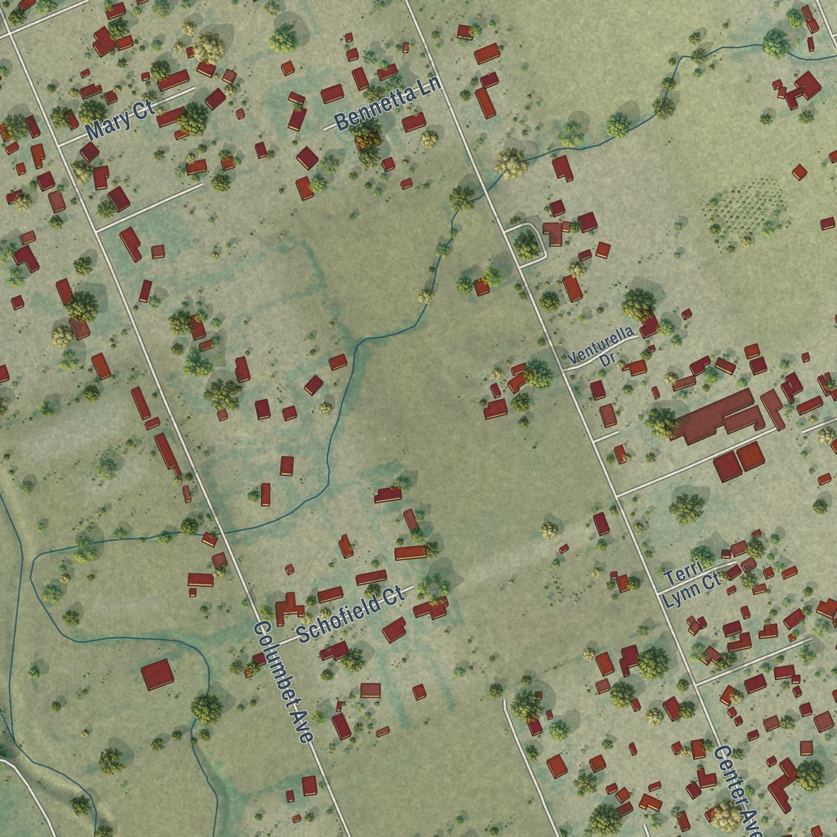 Second close-up of the map of Rucker, California print showing more streets and buildings