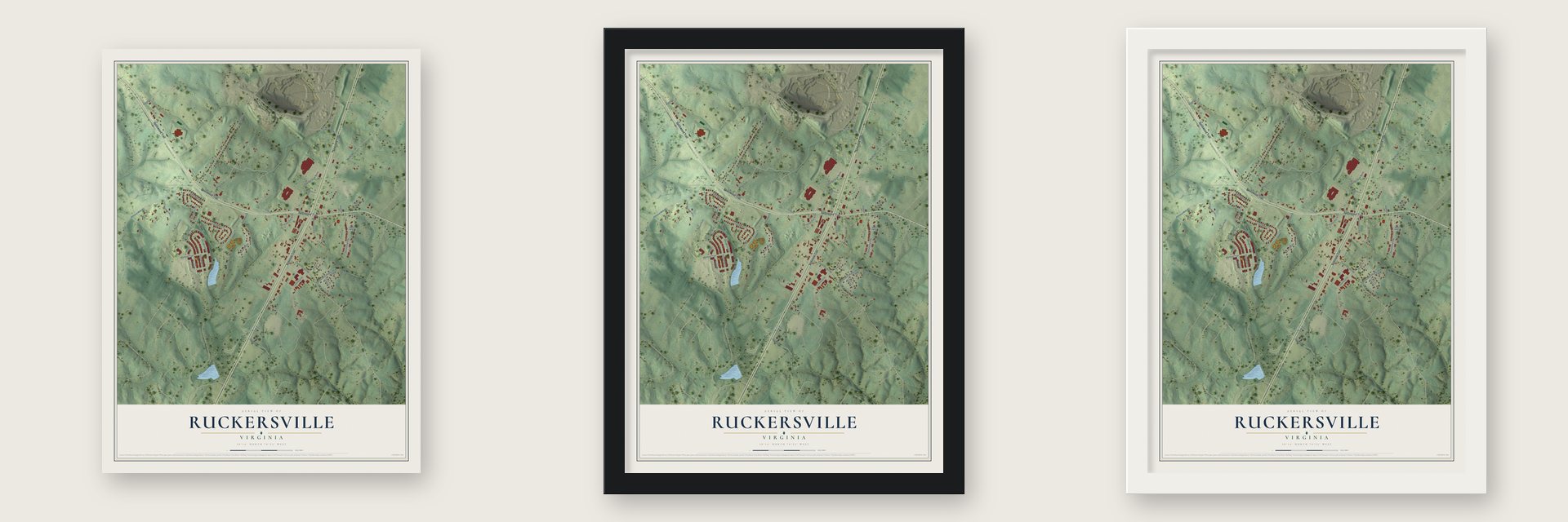 Ruckersville, Virginia map unframed, in a black wood frame and in a white wood frame
