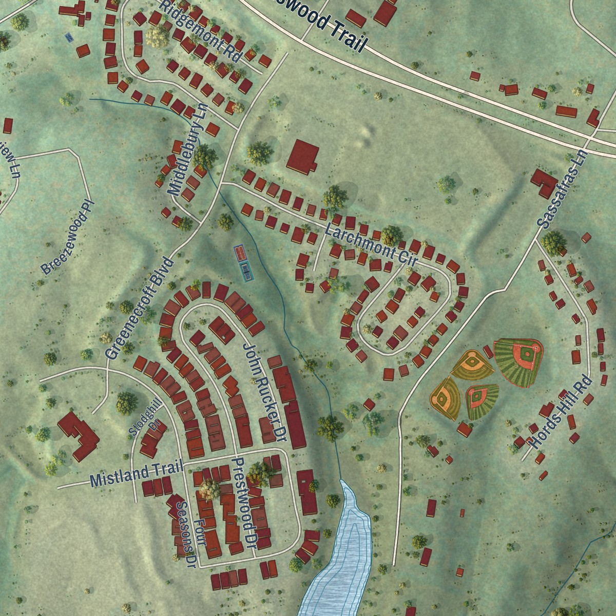 Second close-up of the map of Ruckersville, Virginia print showing more streets and buildings
