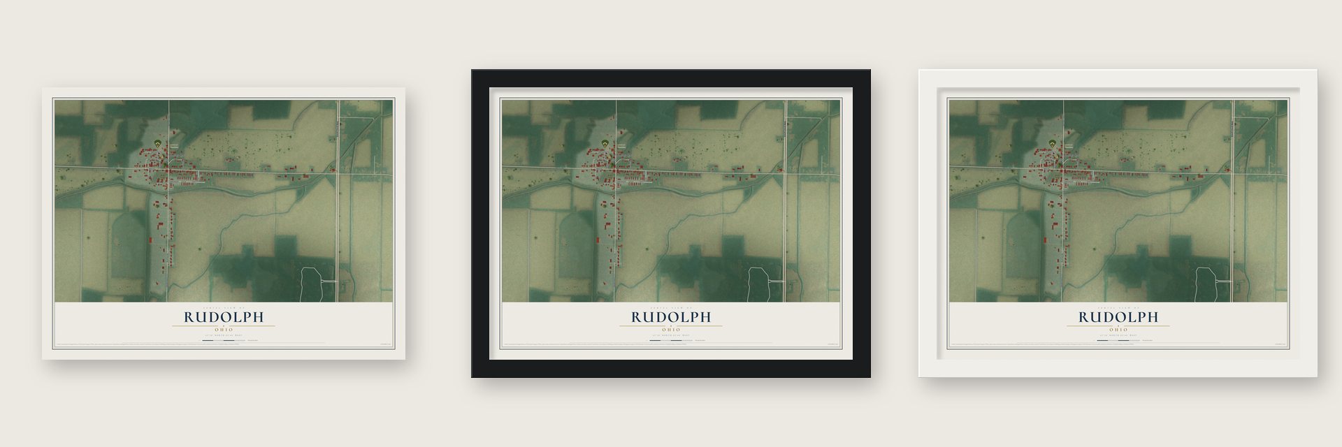Rudolph, Ohio map unframed, in a black wood frame and in a white wood frame