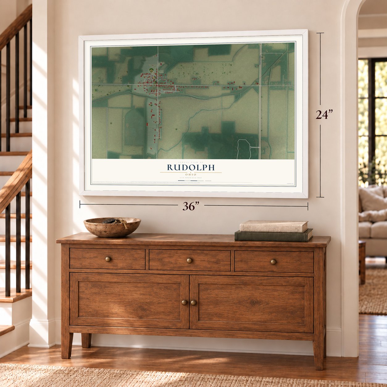 Rudolph, Ohio map, 24 x 36 inch print in a white frame above a dresser by a staircase