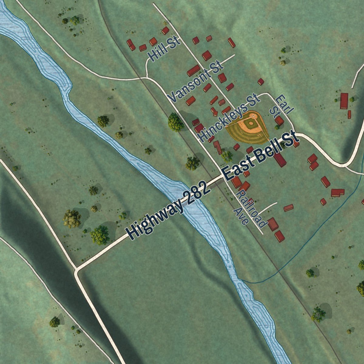 Second close-up of the map of Rudy, Arkansas print showing more streets and buildings