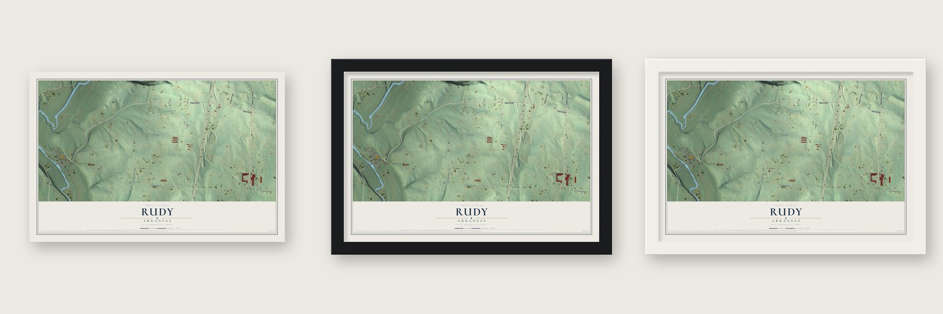 Rudy, Arkansas map unframed, in a black wood frame and in a white wood frame