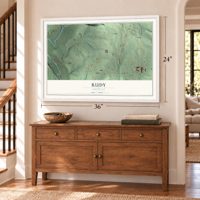 Rudy, Arkansas map, 24 x 36 inch print in a white frame above a dresser by a staircase