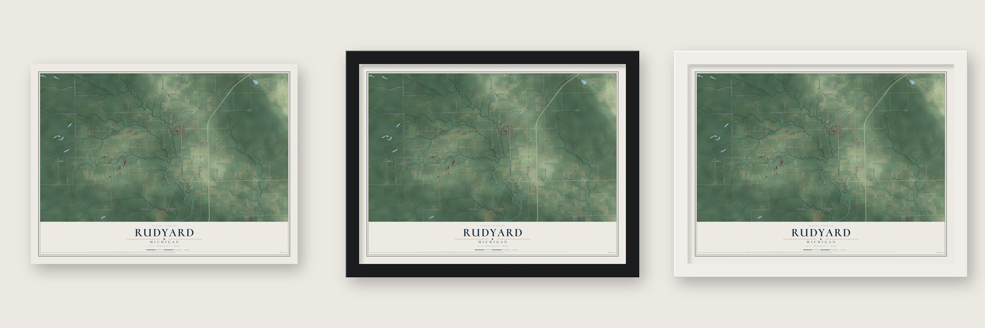 Rudyard, Michigan map unframed, in a black wood frame and in a white wood frame