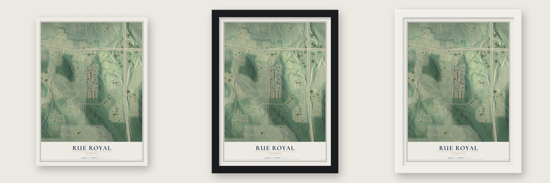 Rue Royal, Georgia map unframed, in a black wood frame and in a white wood frame
