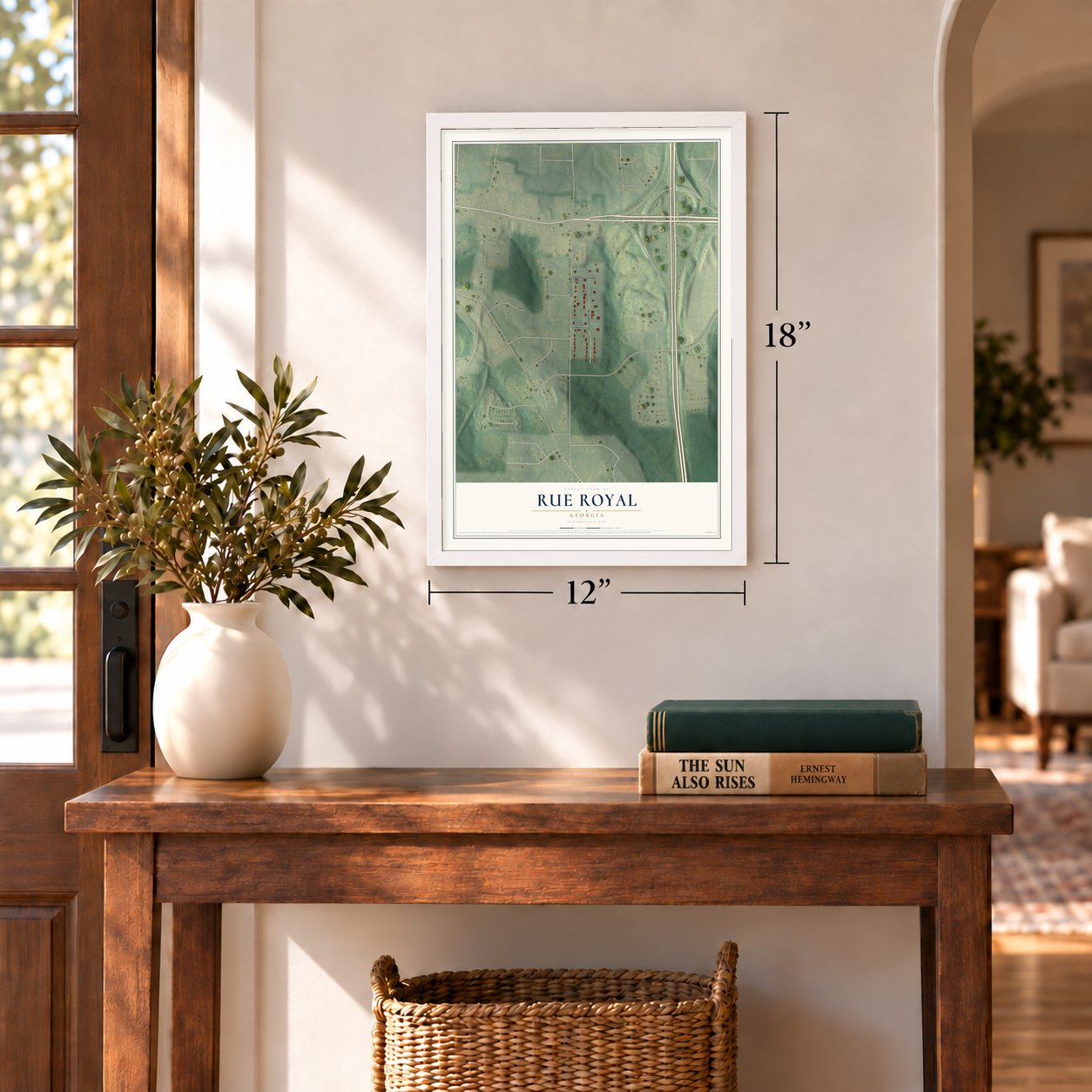 Rue Royal, Georgia map, 12 x 18 inch print in a white frame in an entryway