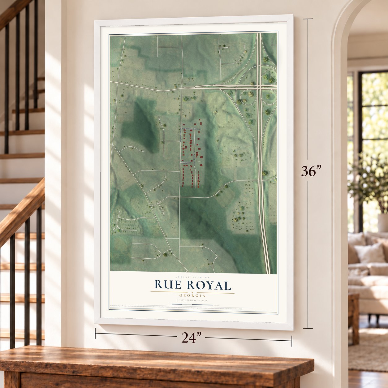 Rue Royal, Georgia map, 24 x 36 inch print in a white frame by a staircase
