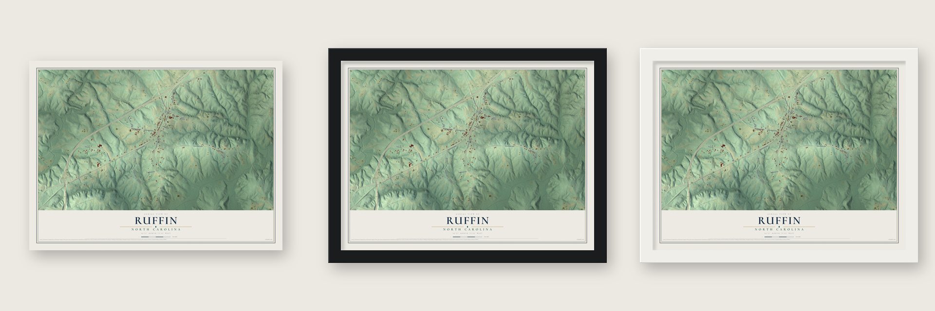 Ruffin, North Carolina map unframed, in a black wood frame and in a white wood frame