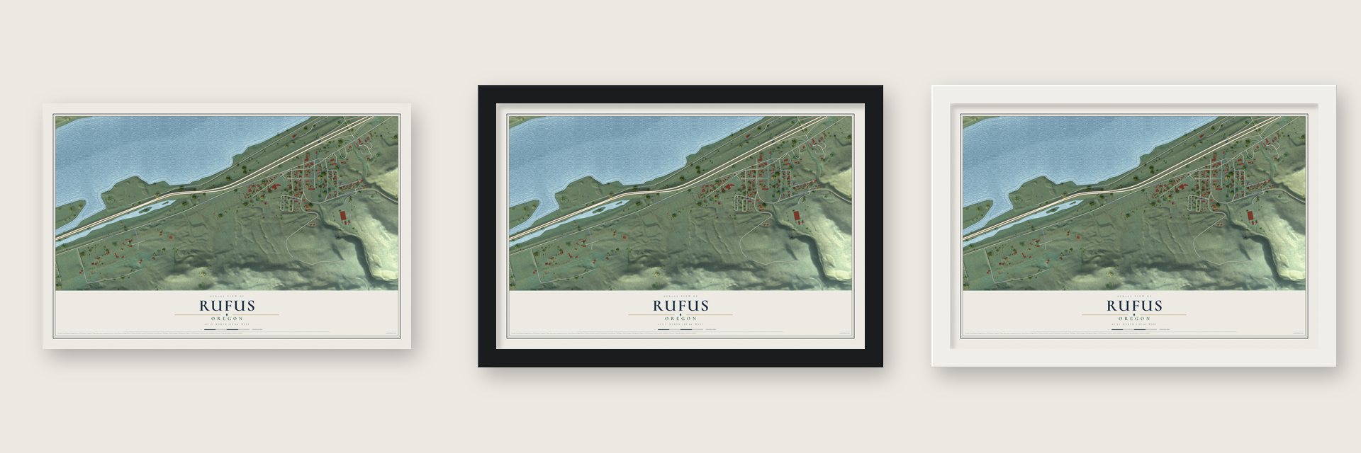 Rufus, Oregon map unframed, in a black wood frame and in a white wood frame