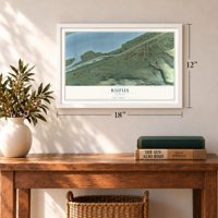 Rufus, Oregon map, 12 x 18 inch print in a white frame in an entryway