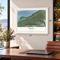 Rufus, Oregon map, 18 x 24 inch print in a white frame in a home office