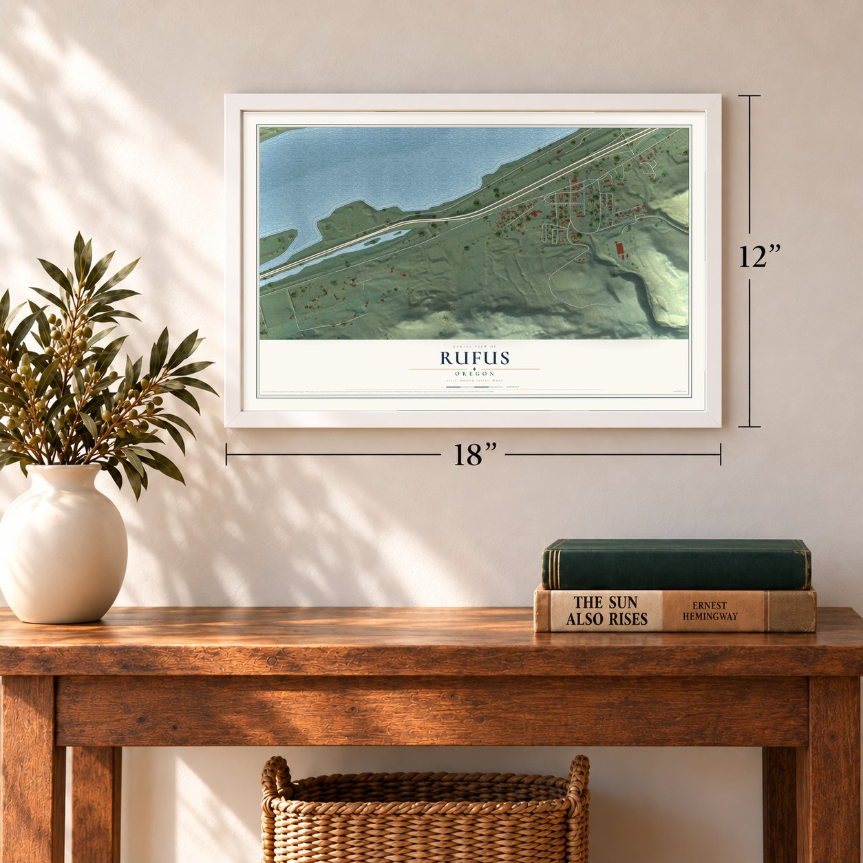 Rufus, Oregon map, 12 x 18 inch print in a white frame in an entryway