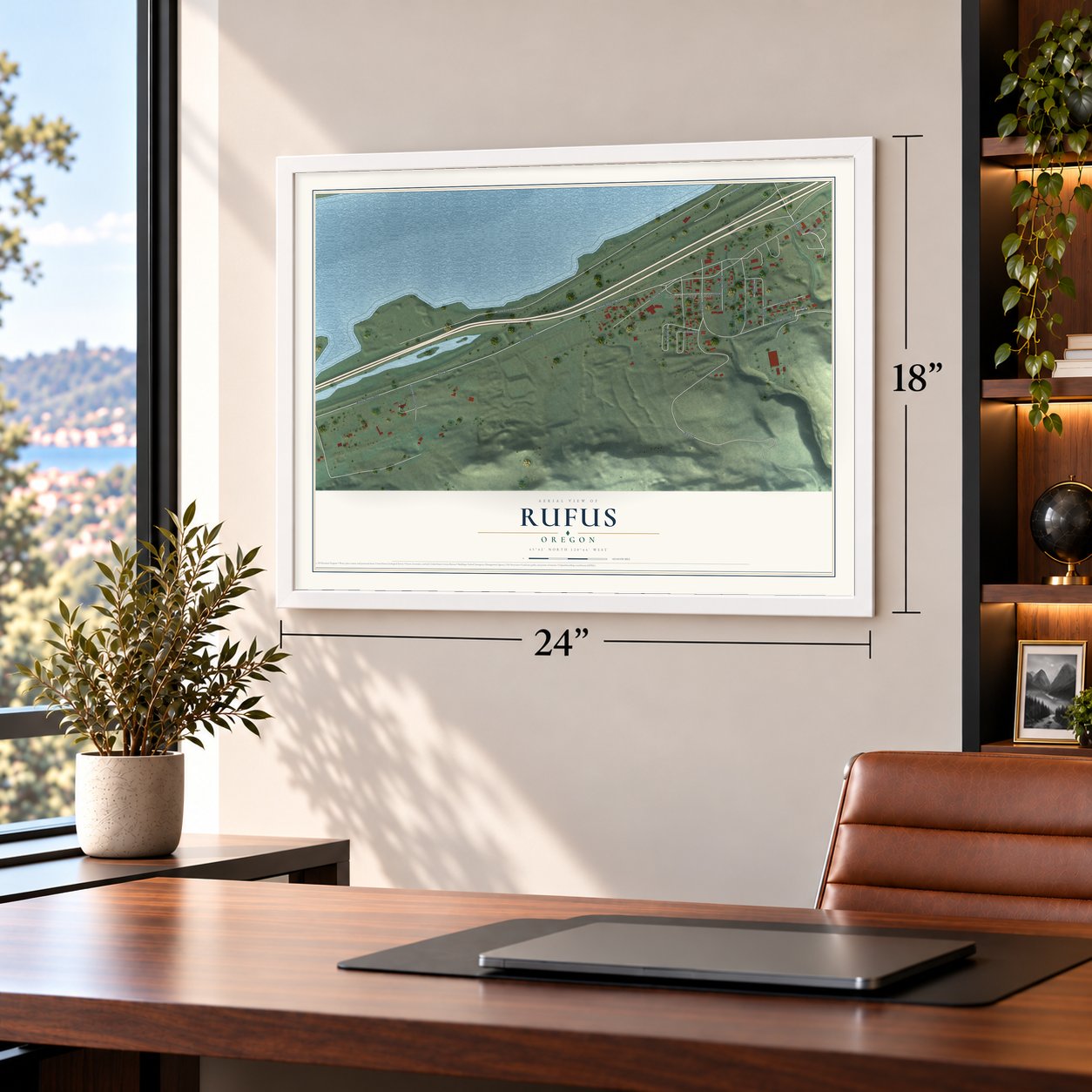 Rufus, Oregon map, 18 x 24 inch print in a white frame in a home office