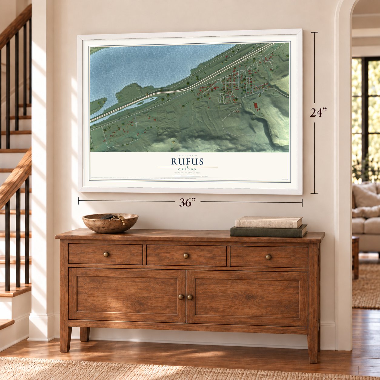 Rufus, Oregon map, 24 x 36 inch print in a white frame above a dresser by a staircase