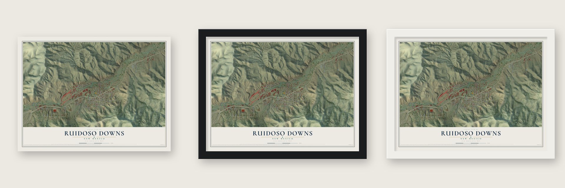 Ruidoso Downs, New Mexico map unframed, in a black wood frame and in a white wood frame