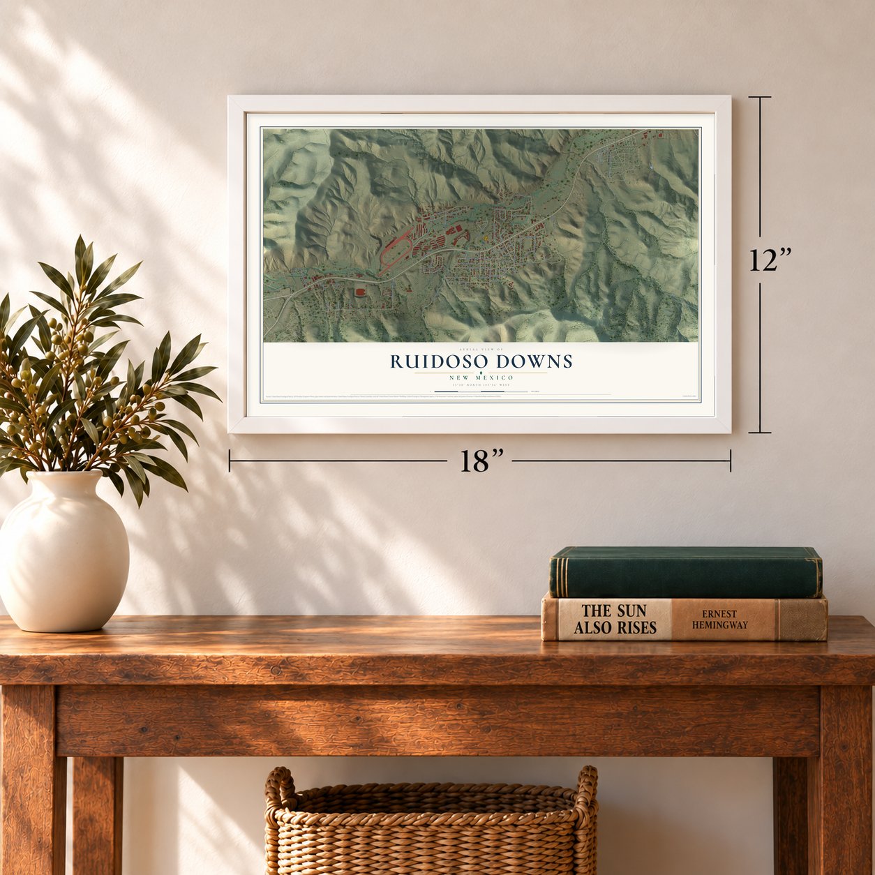 Ruidoso Downs, New Mexico map, 12 x 18 inch print in a white frame in an entryway