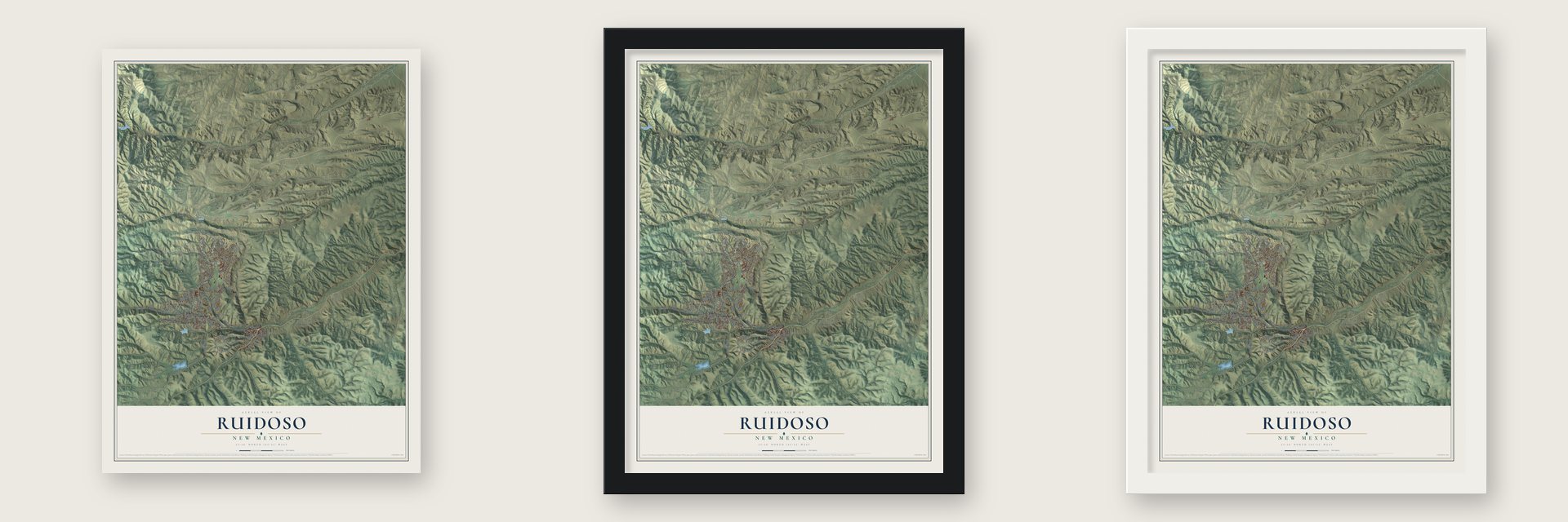Ruidoso, New Mexico map unframed, in a black wood frame and in a white wood frame