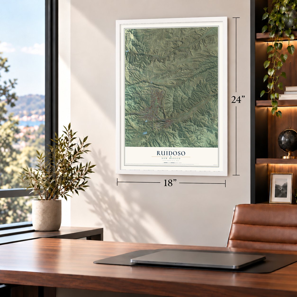 Ruidoso, New Mexico map, 18 x 24 inch print in a white frame in a home office