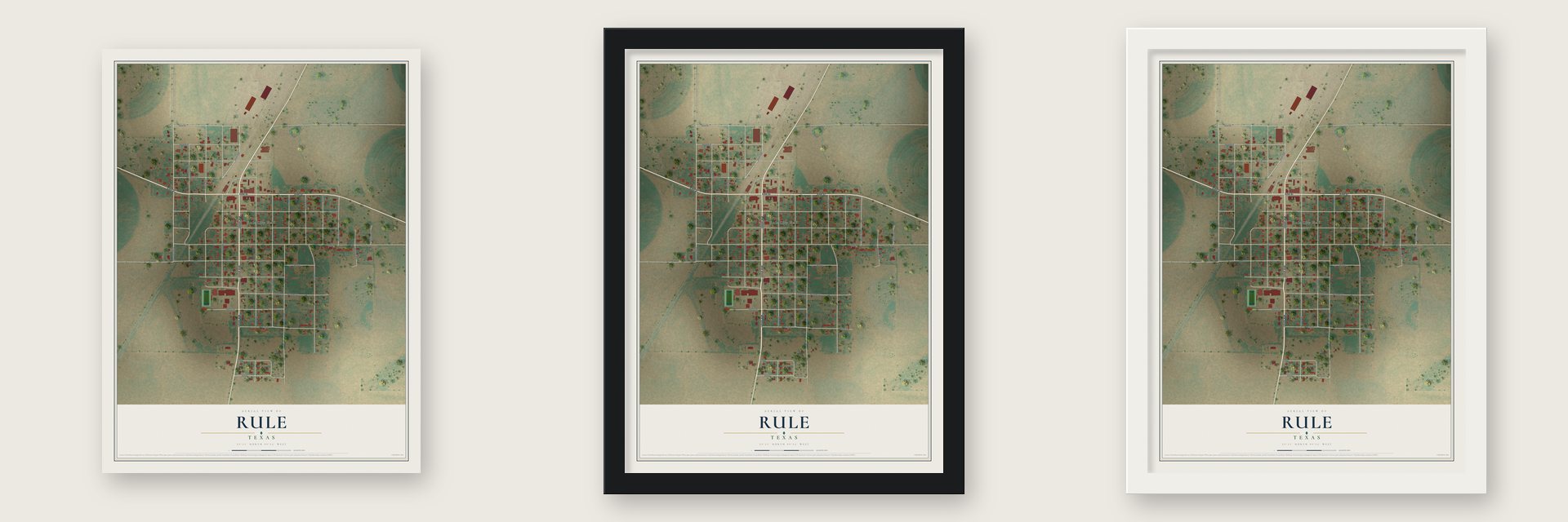Rule, Texas map unframed, in a black wood frame and in a white wood frame