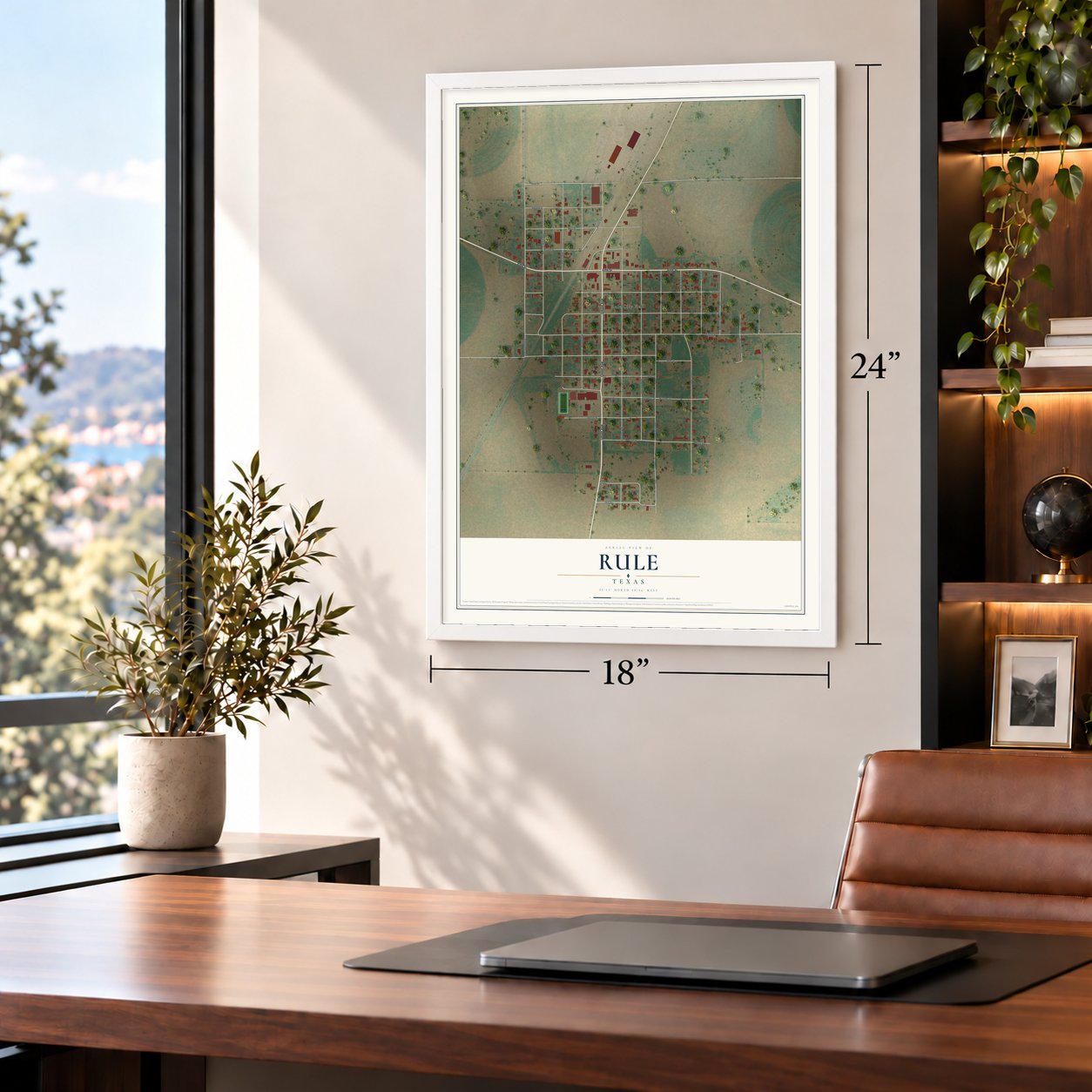 Rule, Texas map, 18 x 24 inch print in a white frame in a home office