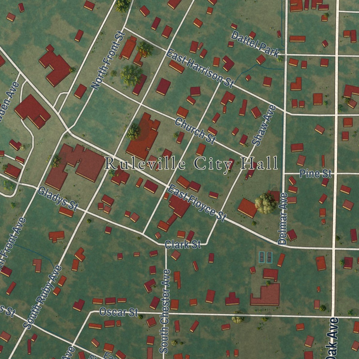 Second close-up of the map of Ruleville, Mississippi print showing more streets and buildings
