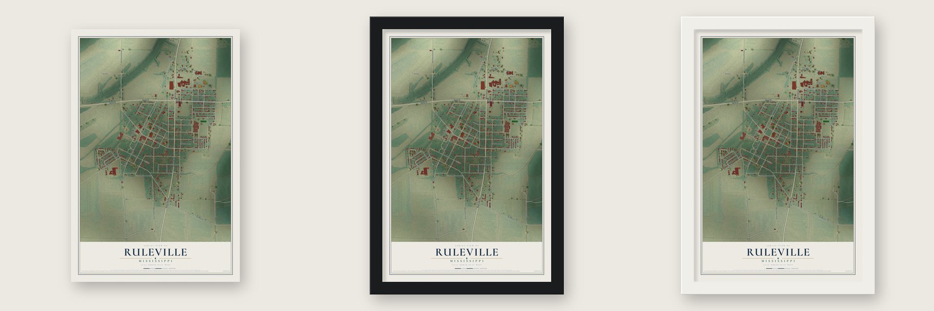 Ruleville, Mississippi map unframed, in a black wood frame and in a white wood frame