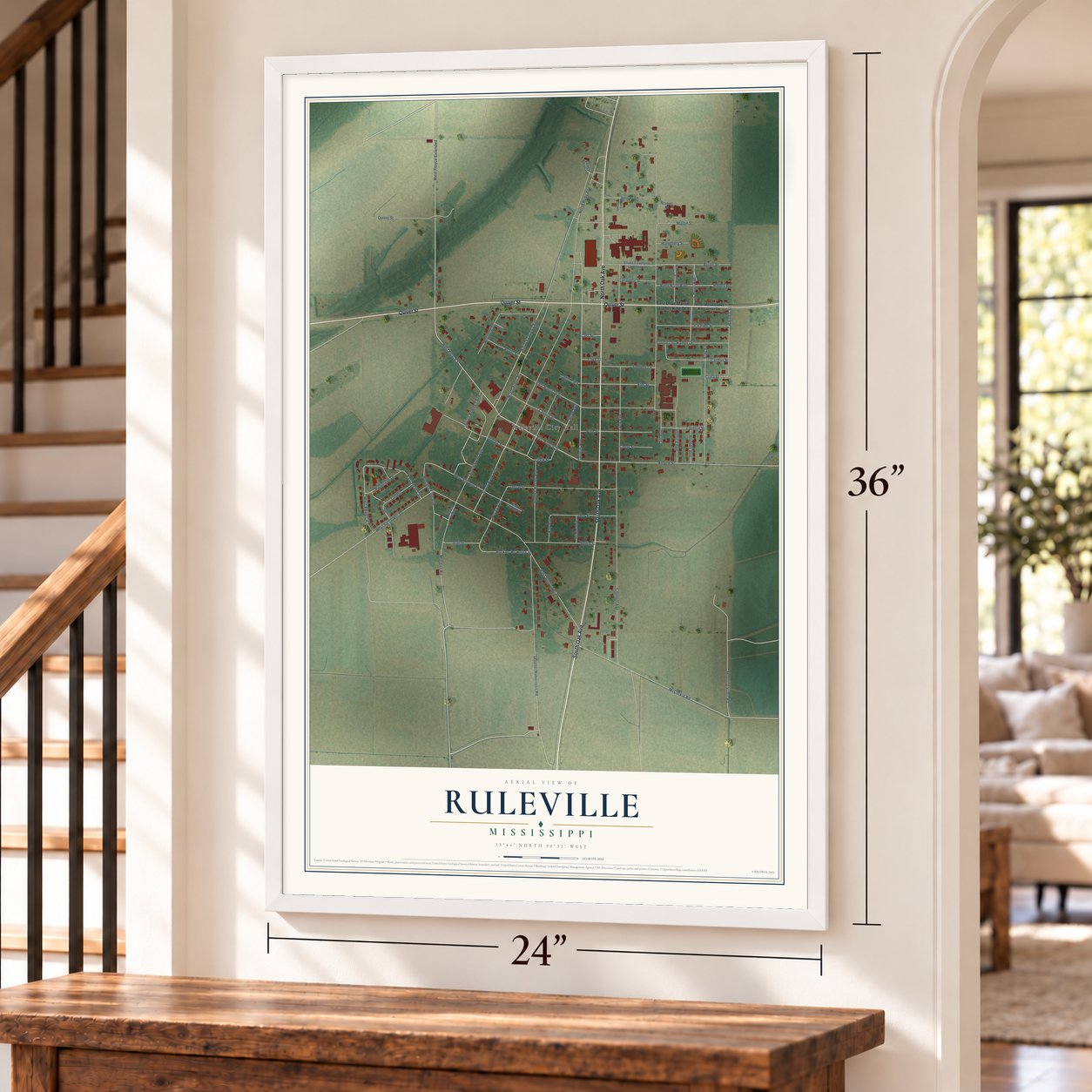 Ruleville, Mississippi map, 24 x 36 inch print in a white frame by a staircase