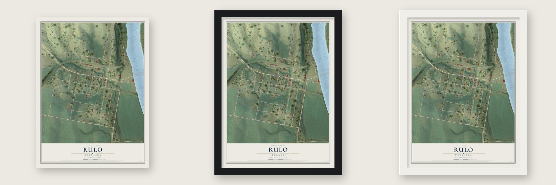 Rulo, Nebraska map unframed, in a black wood frame and in a white wood frame