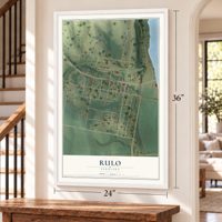 Rulo, Nebraska map, 24 x 36 inch print in a white frame by a staircase