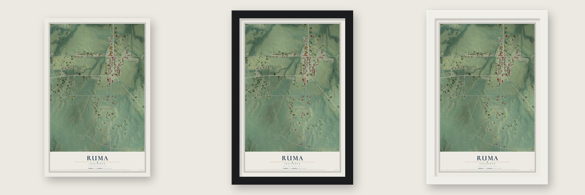 Ruma, Illinois map unframed, in a black wood frame and in a white wood frame