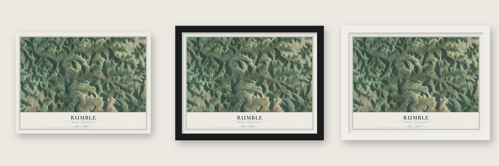 Rumble, West Virginia map unframed, in a black wood frame and in a white wood frame
