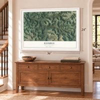 Rumble, West Virginia map, 24 x 36 inch print in a white frame above a dresser by a staircase