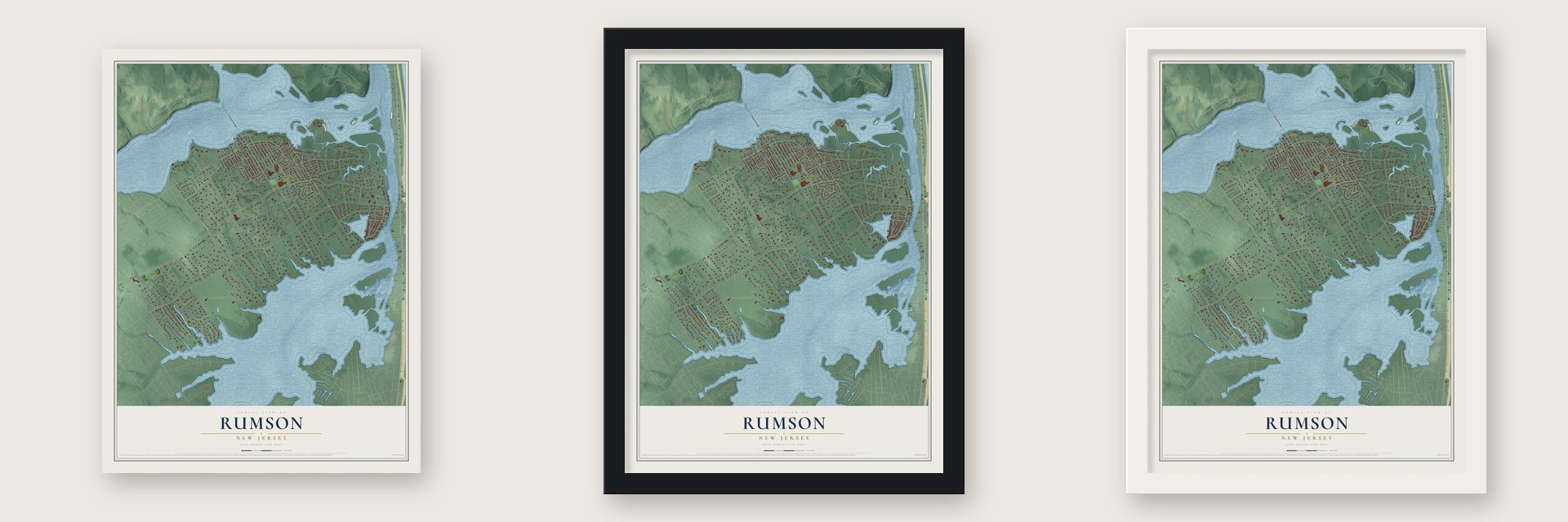 Rumson, New Jersey map unframed, in a black wood frame and in a white wood frame