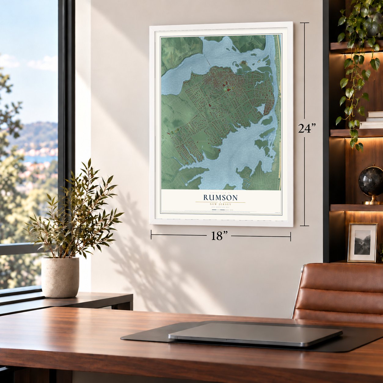 Rumson, New Jersey map, 18 x 24 inch print in a white frame in a home office