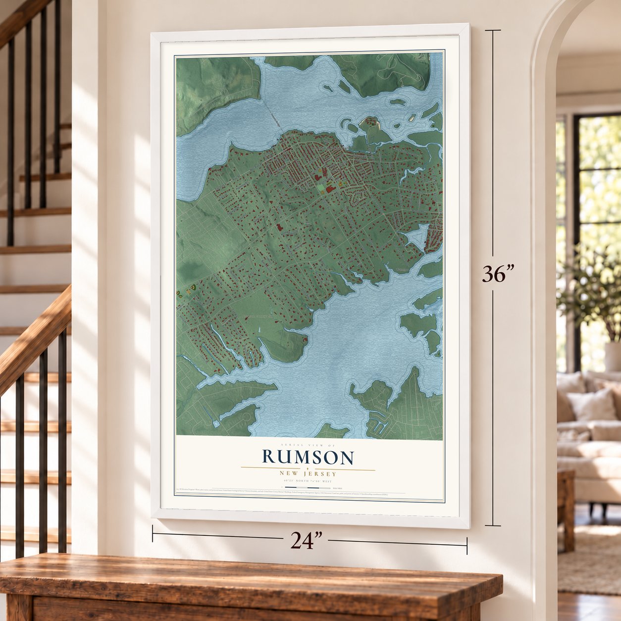 Rumson, New Jersey map, 24 x 36 inch print in a white frame by a staircase