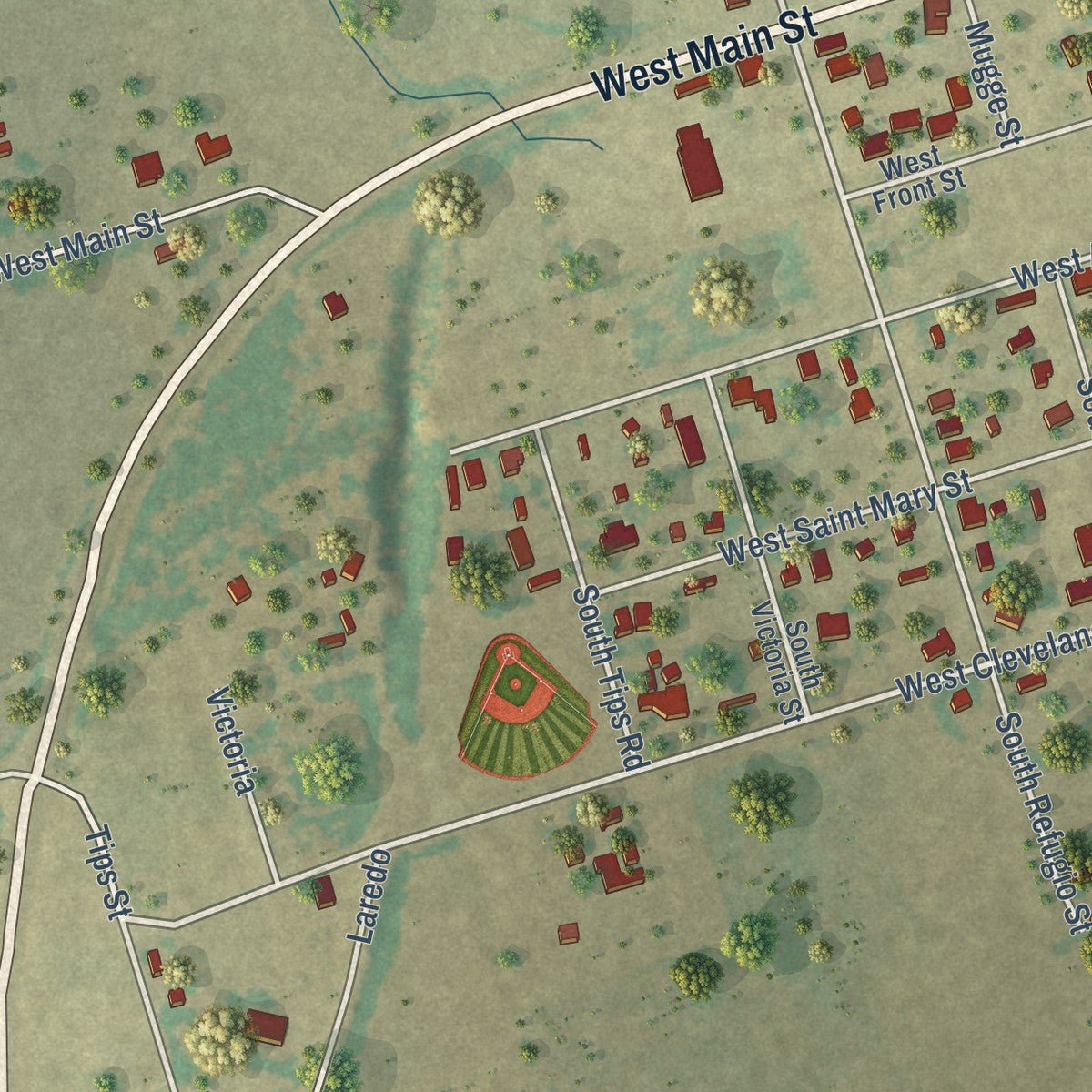 Second close-up of the map of Runge, Texas print showing more streets and buildings