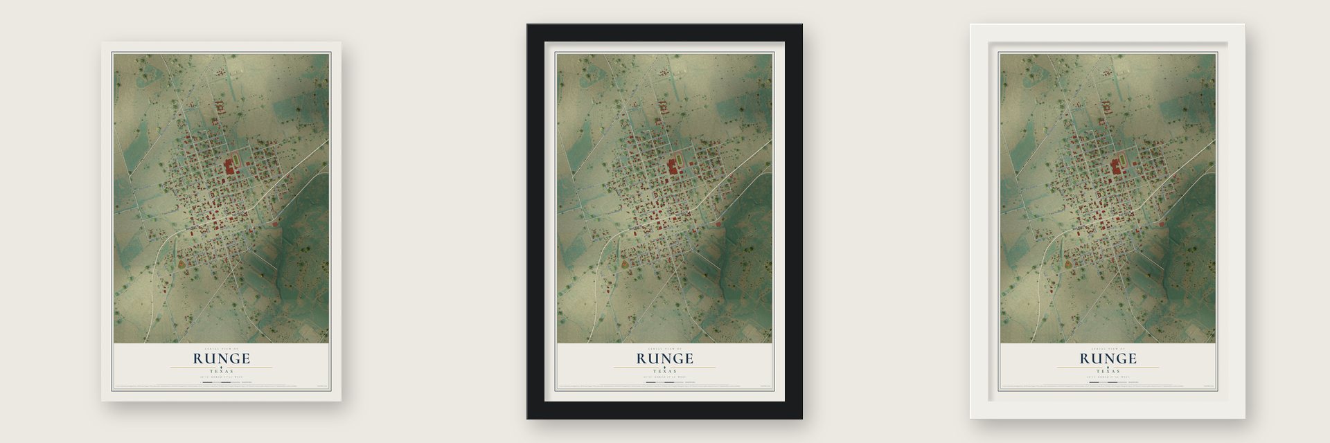 Runge, Texas map unframed, in a black wood frame and in a white wood frame