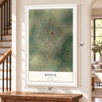 Runge, Texas map, 24 x 36 inch print in a white frame by a staircase