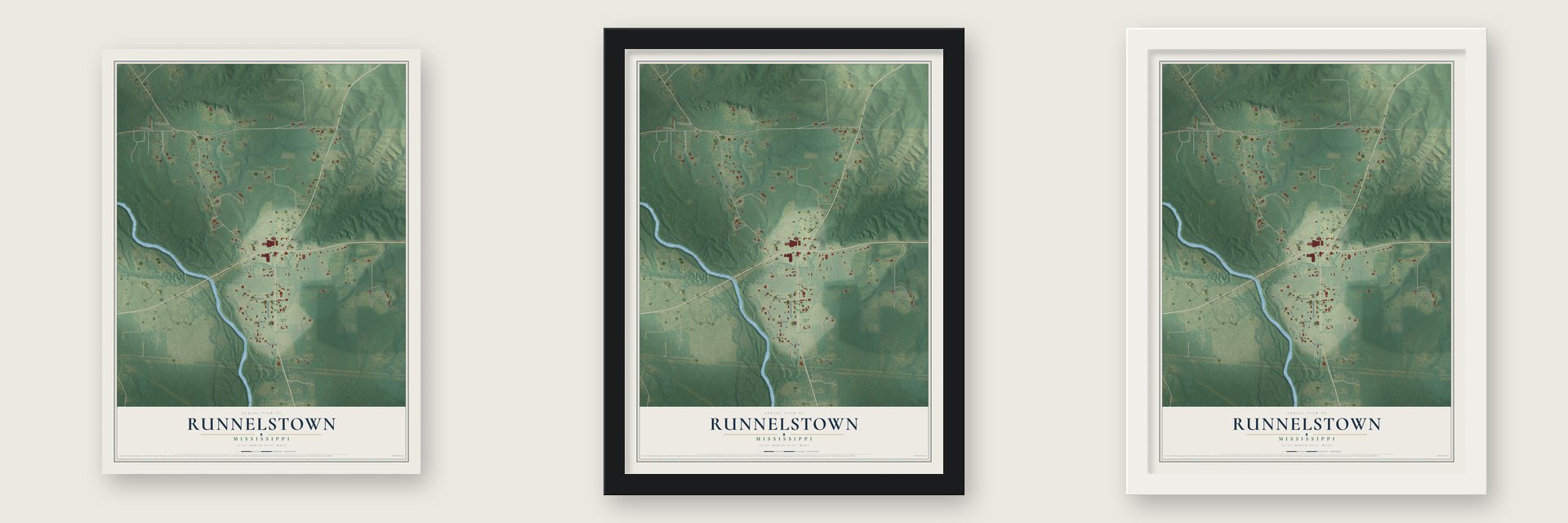 Runnelstown, Mississippi map unframed, in a black wood frame and in a white wood frame