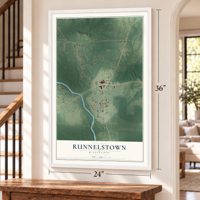 Runnelstown, Mississippi map, 24 x 36 inch print in a white frame by a staircase