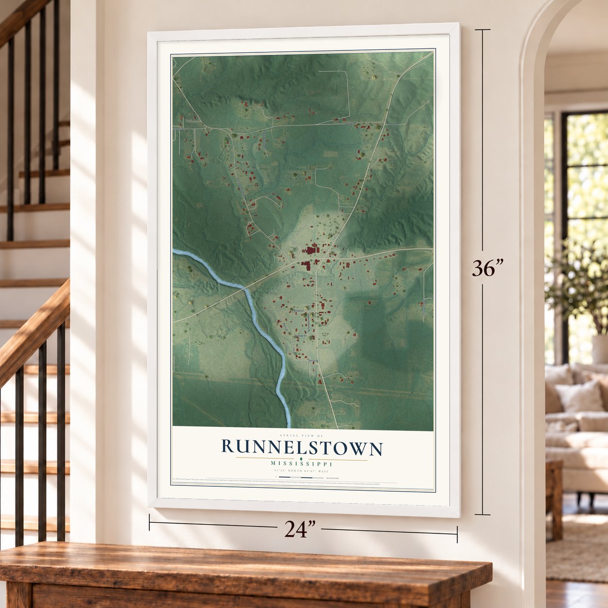Runnelstown, Mississippi map, 24 x 36 inch print in a white frame by a staircase