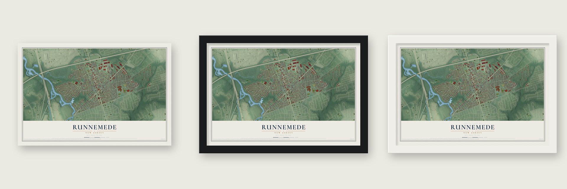 Runnemede, New Jersey map unframed, in a black wood frame and in a white wood frame