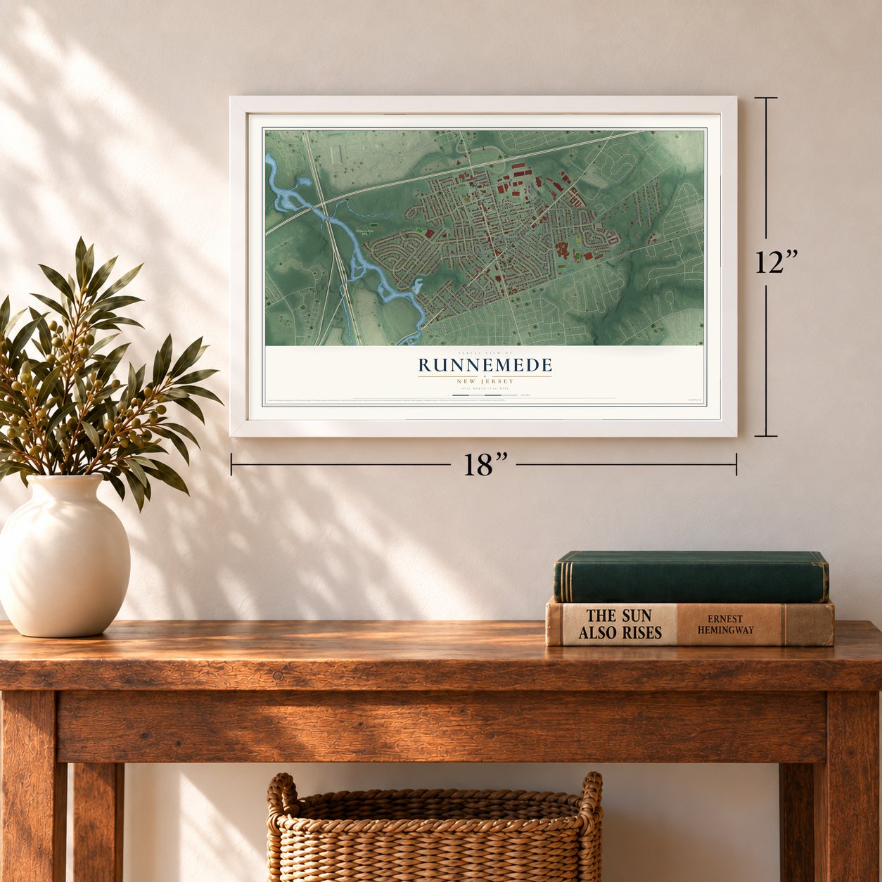 Runnemede, New Jersey map, 12 x 18 inch print in a white frame in an entryway