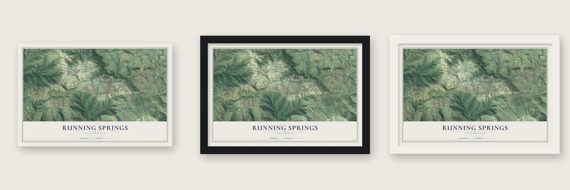 Running Springs, California map unframed, in a black wood frame and in a white wood frame