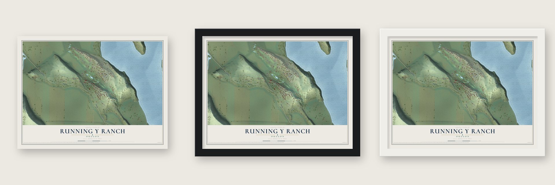 Running Y Ranch, Oregon map unframed, in a black wood frame and in a white wood frame