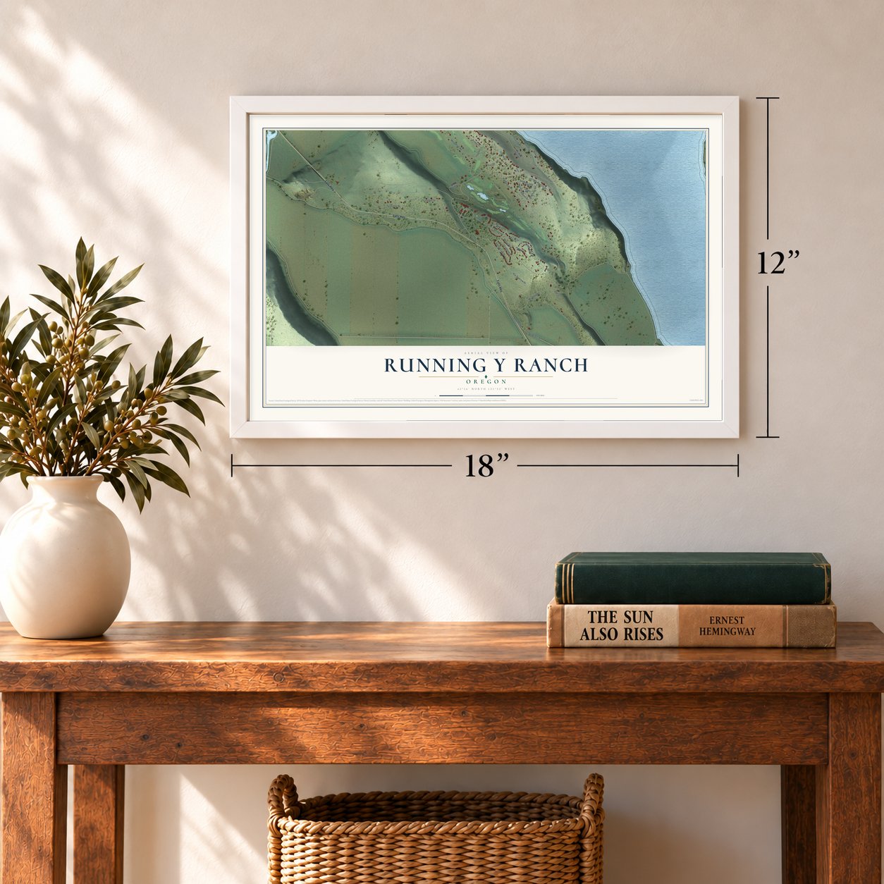 Running Y Ranch, Oregon map, 12 x 18 inch print in a white frame in an entryway